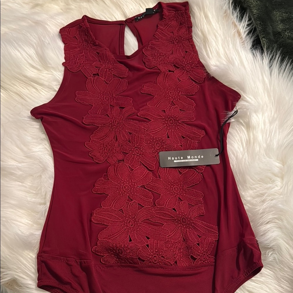 Haute Monde NWT L BURGUNDY LACE FLOWER APPLIQUÉ MESH SEXY BODYSUIT - Picture 2 of 8